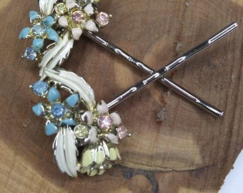 Enamel Vintage Jewelry Hair Pins set of 2 Floral Flower Vintage Bobby Pins Fairytale Wedding