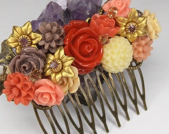 Shabby Chic Vintage Jewelry Salvage Floral Hair Comb Resin Flowers Reds Ivory Gold Pink