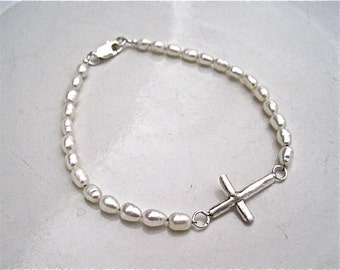 Sideways cross bracelet, pearl bracelet, silver cross bracelet, bracelet, pearl jewelry, silver cross jewelry