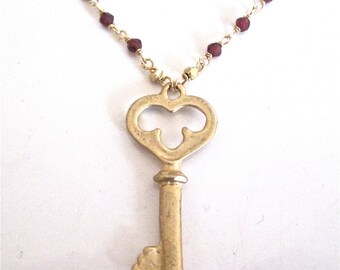 Key To My heart Necklace, heart necklace, garnet necklace, I love you necklace, boho heart necklace, Valentine Necklace, Necklace