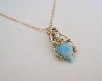 Larimar pendant, larimar and crystal pendant, larimar wire wrapped pendant, crystal wire wrapped pendant, larimar necklace, larimar