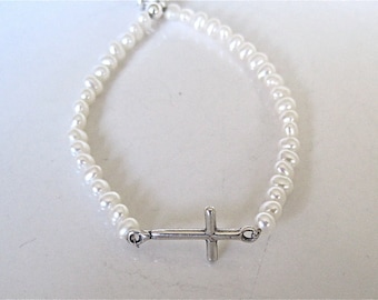Sideways cross and pearl bracelet, pearl bracelet, cross bracelet, pearl jewelry, silver cross jewelry