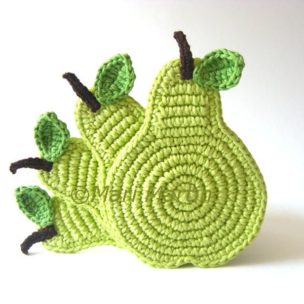 Crochet Coasters Green Light Pear . Beverage Drink Pastel Peridot Lime Leaves Vegan Decor Crochet Fruit Collection - Set of 4 Made to order