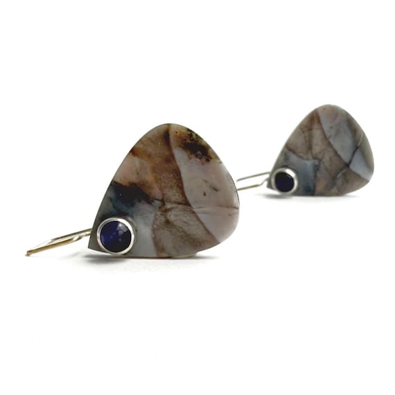 “Nyra” Petrified Wood & Iolite Dangle Earrings