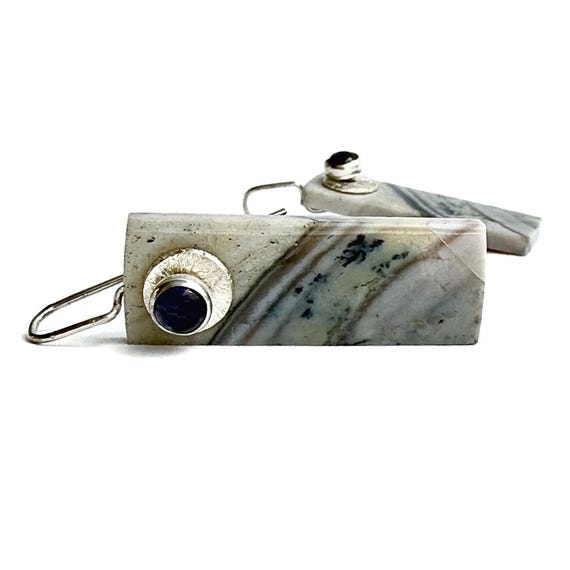 “Caela” Opalized Petrified Wood & Iolite Earrings