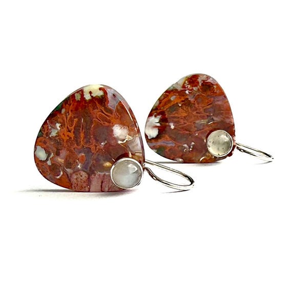 “Offred” Red Plume Agate & Moonstone Earrings