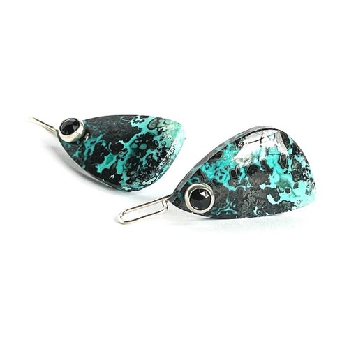 Indonesian Blue and Black Opalized Wood Earrings with Spinel, “Karee