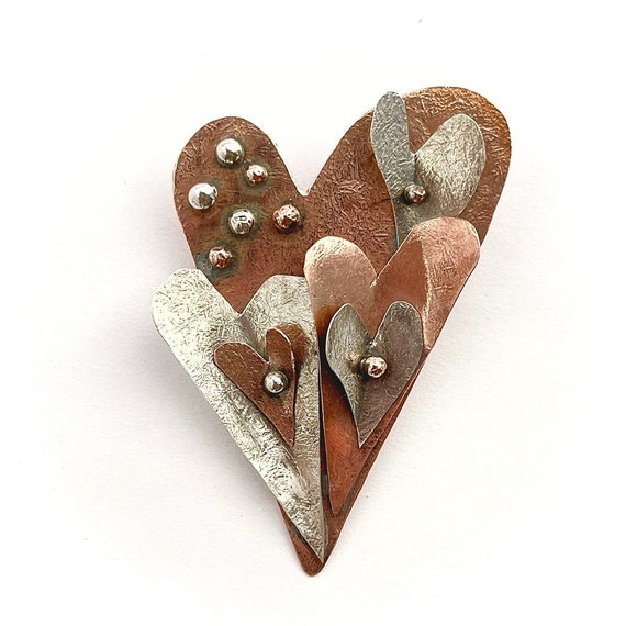 "Beatriz" Copper & Sterling Silver Hearts Brooch