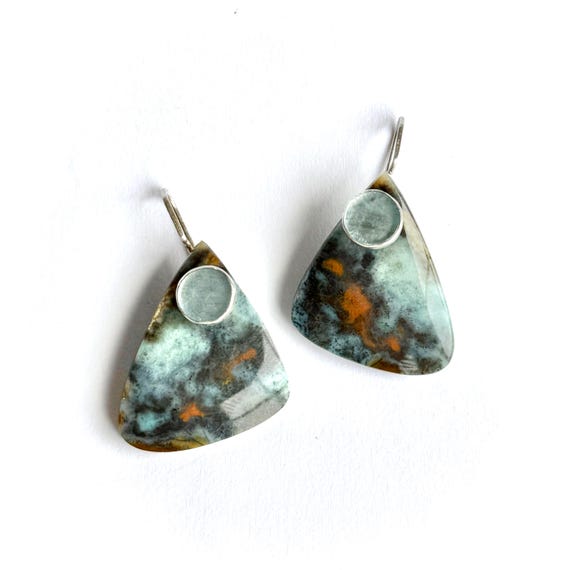 “Peggy” Opalized Wood & Aquamarine Earrings