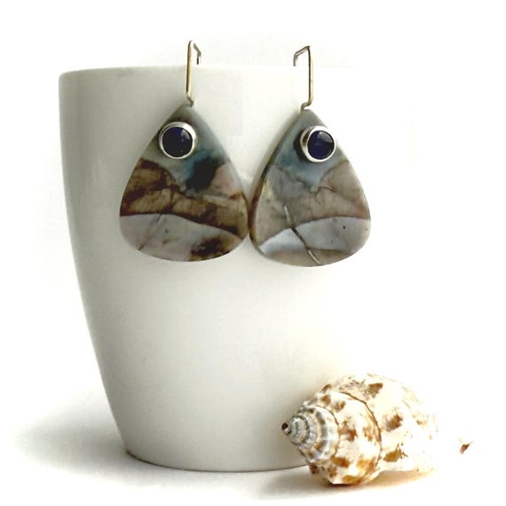 “Nyra” Petrified Wood & Iolite Dangle Earrings