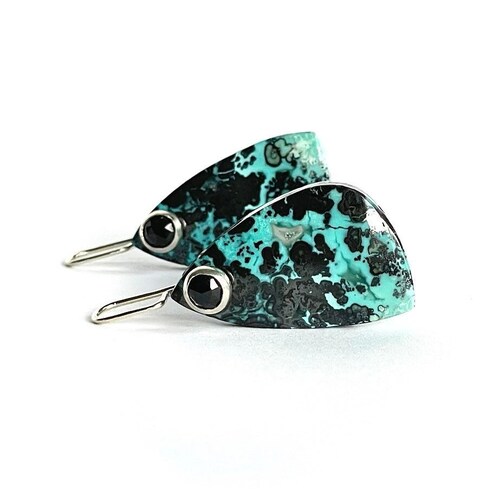 Indonesian Blue and Black Opalized Wood Earrings with Spinel, “Karee