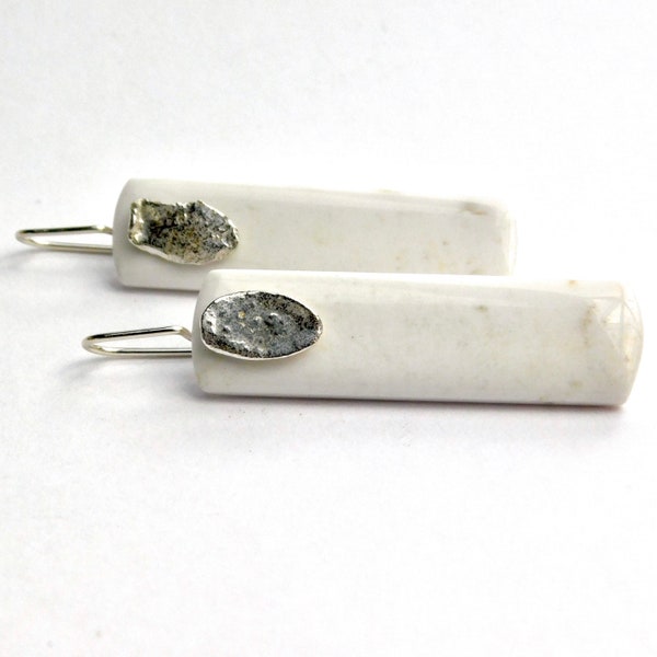 White Jasper Tablet Earrings in Sterling Silver, "Bronwyn II" White Jasper Tablet Earrings