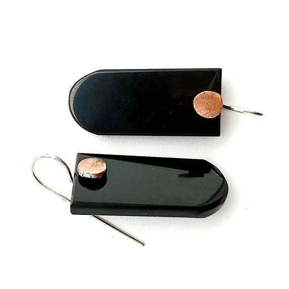“Earline” Copper Dot Obsidian Earrings