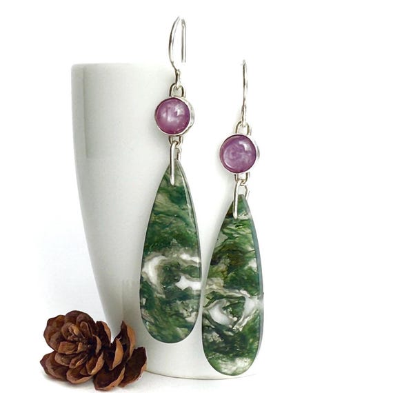 “Scylla” Moss Agate and Pink Sapphire Earrings