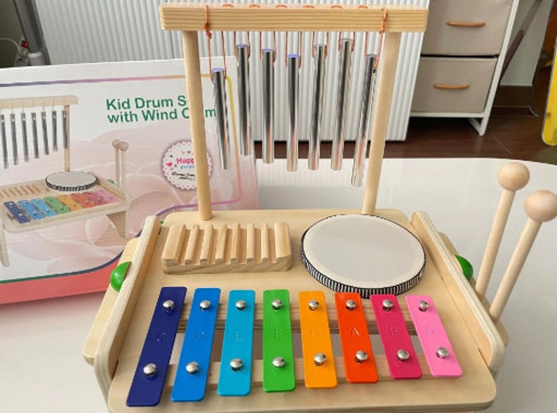 Set Kids Drum Set Windchime Xylophone Drum Wood Guiro Scraper 4in1