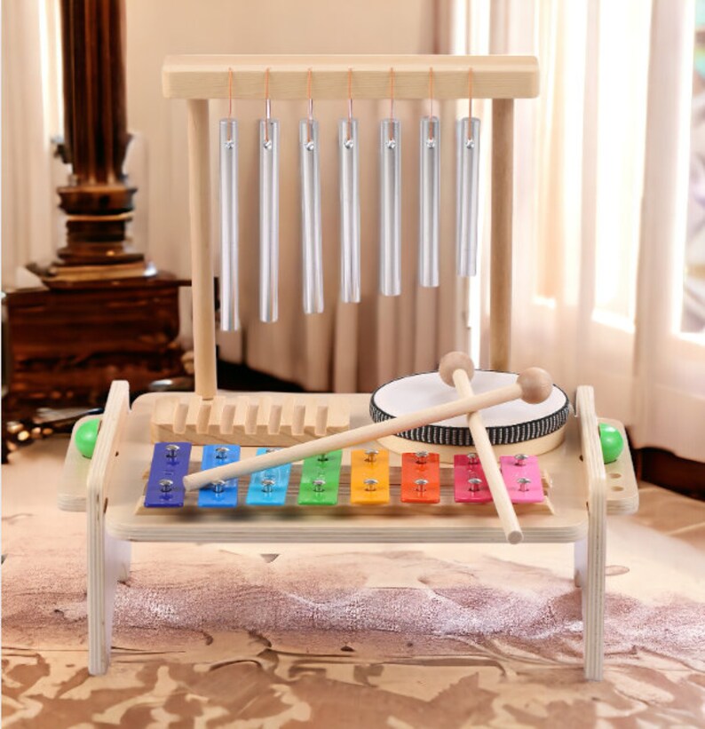 Set Kids Drum Set Windchime Xylophone Drum Wood Guiro Scraper 4in1