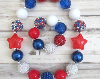Fourth of July Baby Chunky Necklace, Patriotic Necklace, Red White Blue Girl Necklace, Necklace for Girl, Toddler Necklace, Girl Bracelet