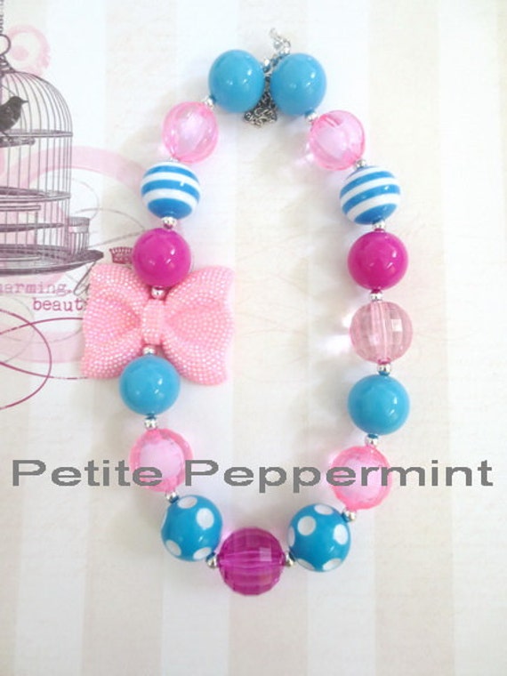 Items similar to Pink and Turquoise Girl Necklace, Toddler Chunky