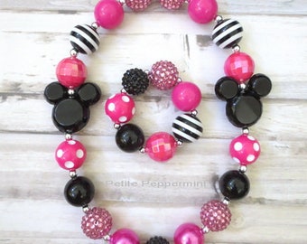 Baby necklace, girl necklace, toddler necklace, pink and black baby necklace, girl jewelry, girl bracelet, toddler bracelet