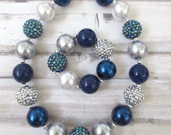 Navy Blue Silver Toddler Chunky Necklace, Baby Chunky Necklace, Girl Bracelet, Girl Chunky Necklace, Chunky Bead Necklace, Toddler Jewelry