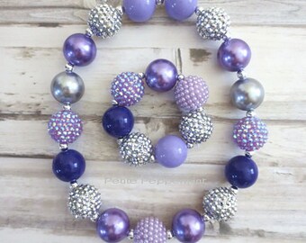 Purple Silver Beads baby chunky necklace, toddler necklace, girl necklace, chunky bead necklace, girl jewelry, girl bracelet