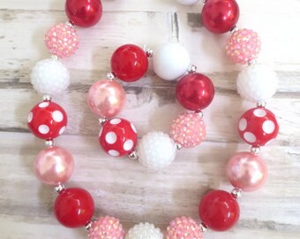 Valentine Girl Necklace,Baby Chunky Necklace,Toddler Jewelry,Girl Bead Necklace,Girls Bubblegum Necklace,Pink Red White Bead Necklace
