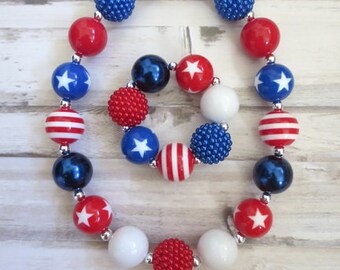 Patriotic Girl Necklace, Fourth of July Baby Necklace, Toddler Necklace, Red White Blue Baby Bead Necklace, Girl Jewelry, Children Necklace