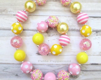 Pink Yellow Lemonade Baby Chunky Necklace, Girl Necklace Set, Toddler Bead Necklace, Girl Jewelry, Girl Bracelet, Toddler Necklace