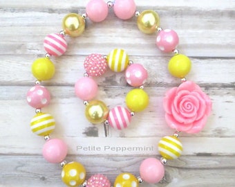 Pink Yellow Baby Chunky Necklace, Baby Necklace, Girl Bracelet, Bubble Gum Necklace, Girl Necklace, Toddler Necklace