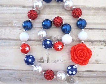 Red White Blue Toddler Necklace, Girl Necklace, Fourth of July Necklace, Girl Chunky Necklace, Chunky Bead Necklace, Baby Chunky Necklace