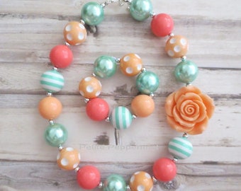 Aqua Coral Baby Chunky Necklace, Baby Bead Necklace, Girl Necklace, Girl Bracelet, Toddler Necklace, Toddler Bracelet