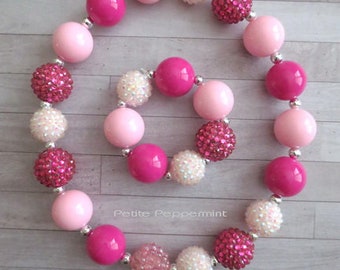 Pink Girl Chunky Necklace, Baby Necklace, Toddler Necklace, Girl Bracelet, Toddler Bracelet, Chunky Bead Necklace