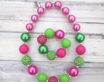 Hot Pink and Green Baby Necklace, Baby Chunky Necklace, Girl Bead Necklace, Girl Bracelet, Watermelon Necklace, Toddler Necklace