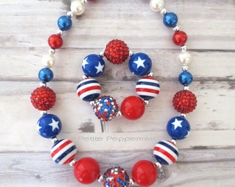 Red White Blue Baby Chunky Necklace, Toddler Necklace, Patriotic Necklace, Girls Bead Necklace, Fourth Of July Necklace