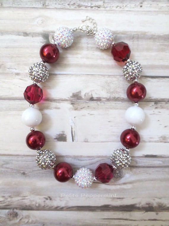 Burgundy White Silver Girl Necklace, Baby Chunky Necklace, Toddler