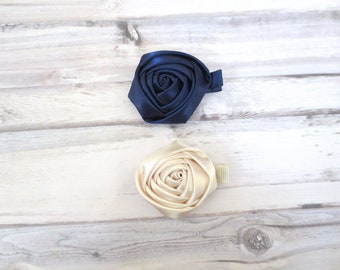 Navy Blue and Ivory Rosette Baby Hair Clip,Baby Girl Hair Clip,Toddler Hair Clip,Girl Hair Clip, Baby Flower Hair Clip, girl hair bow