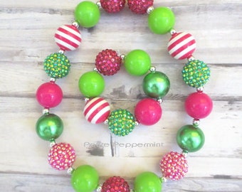 Hot Pink and Green Toddler Necklace, Girl Bracelet, Baby Chunky necklace, Baby Bead Necklace, Watermelon necklace