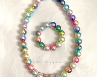 Multi Color girl necklace, toddler necklace bracelet set, Girl Bracelet, Baby Necklace Pearl, Rainbow Bead Necklace