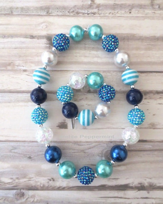Navy Blue Turquoise Baby Chunky Necklace, Toddler Necklace, Girl