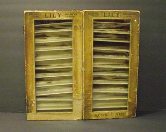 1930-40’s Lily Embroidery Thread Counter Top Hinged Wood Paper Veneer Glass Front Display Case Mercantile Dime Store Goods Haberdashery