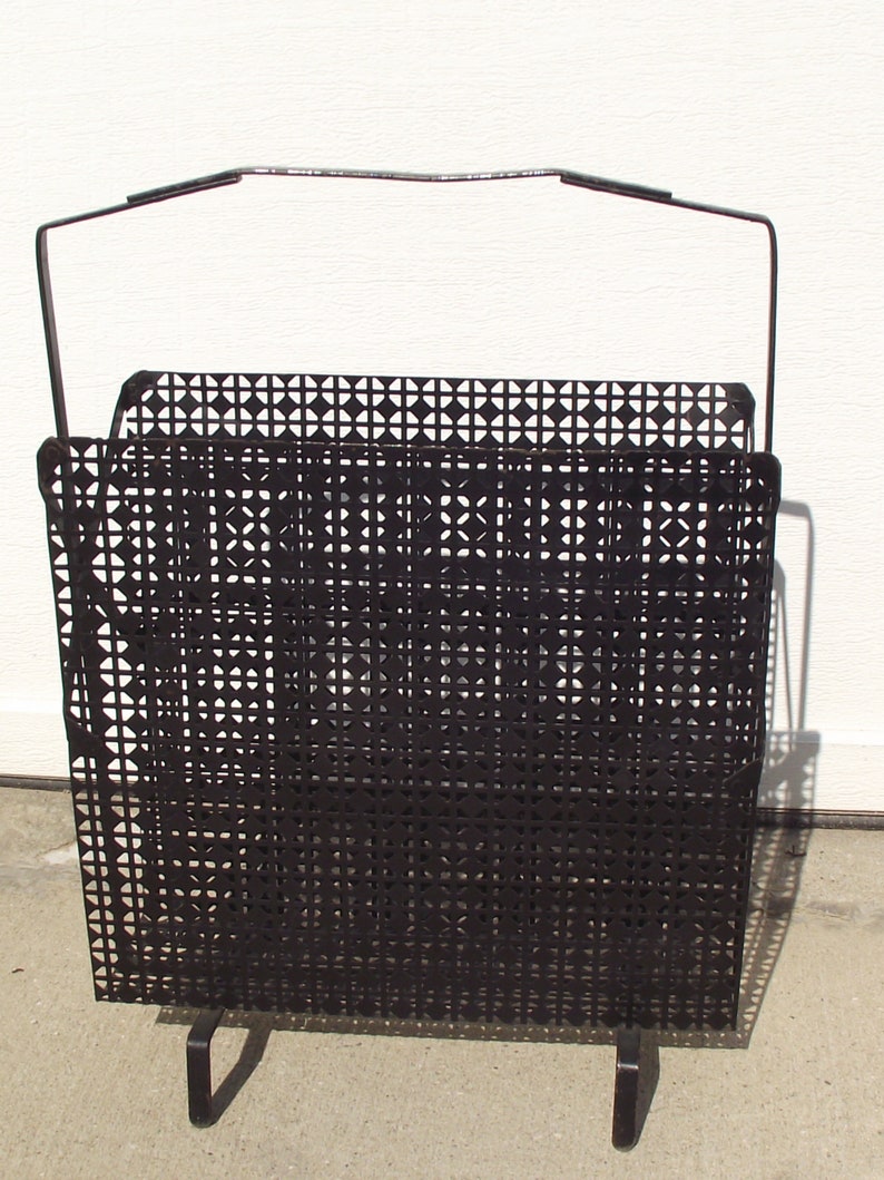 Black Iron Diamond Geometric Pattern Footed Magazine Rack MCM Home Décor Up Cycle Craft Storage Trendy Metro Urban Eclectic Furnishings image 10