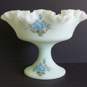 Soft Frosted Blue Fenton Pedestal Dish Crimped Ribbon Rim Center Piece Vase Brides Table Center Piece Vase Bowl Hand Painted By J. Stevens