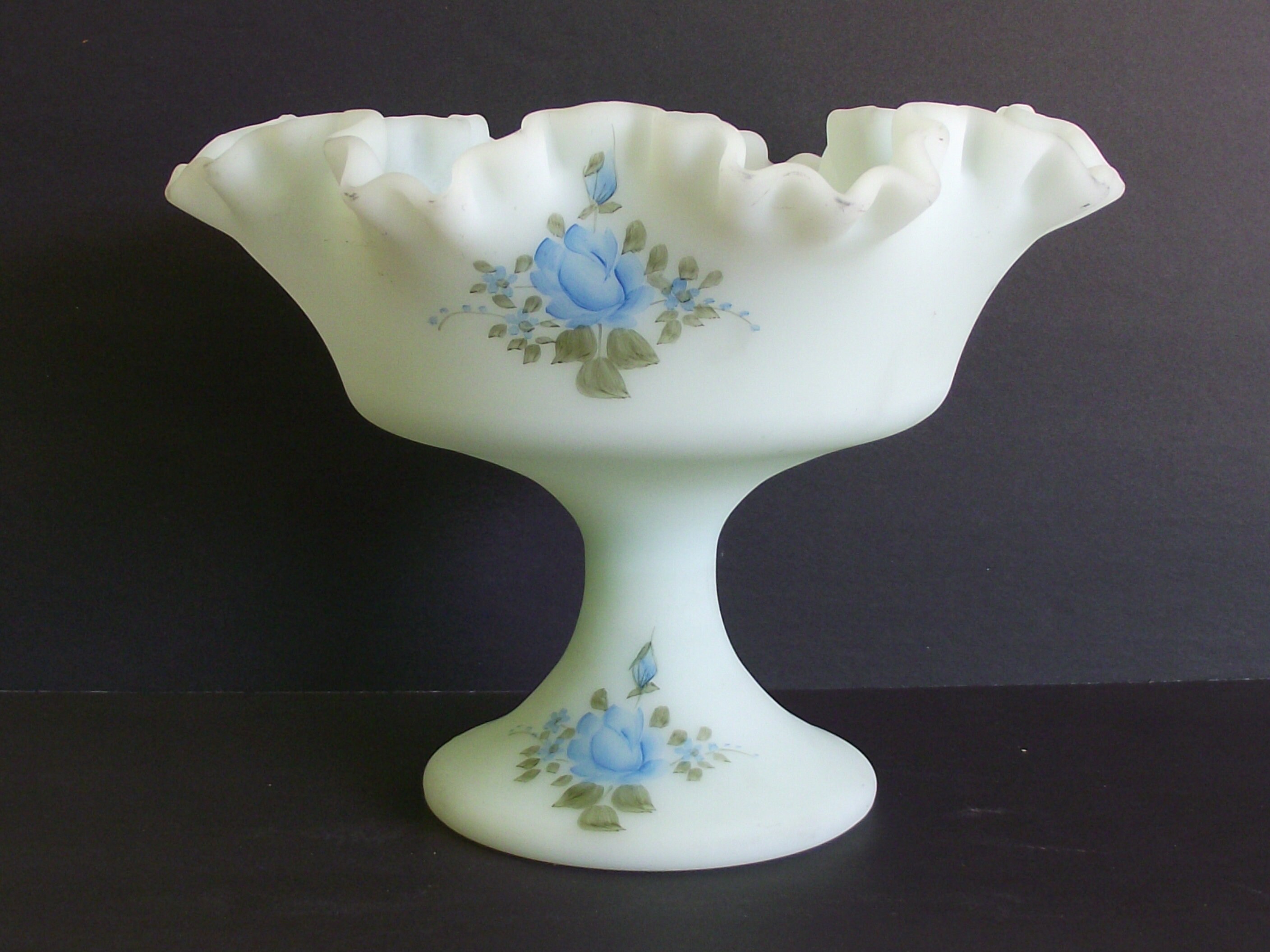 Soft Frosted Blue Fenton Pedestal Dish Crimped Ribbon Rim Center Piece Vase Brides Table Center Piece Vase Bowl Hand Painted By J. Stevens