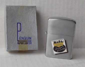 Vintage Penguin Super Lighter MIB NAPA Advertising Specialties NOS Off Set Logo Retro Automotive Hot Rod Hipster Tobacciana Grease Lighting