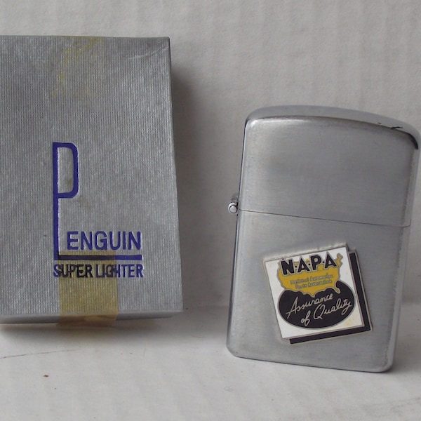 Vintage Penguin Super Lighter MIB NAPA Advertising Specialties NOS Off Set Logo Retro Automotive Hot Rod Hipster Tobacciana Grease Lighting