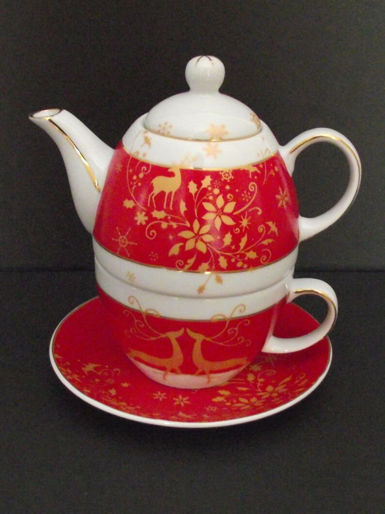 Sorelle Fine Porcelain Single Serve Tea Set Reindeer Red White Etsy