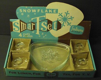Indiana Glass Snowflake Smart Snack Set MIB 4 Service Clear Indiana Glass Snowflake Smart Snack Set MIB 4 Service Clear
