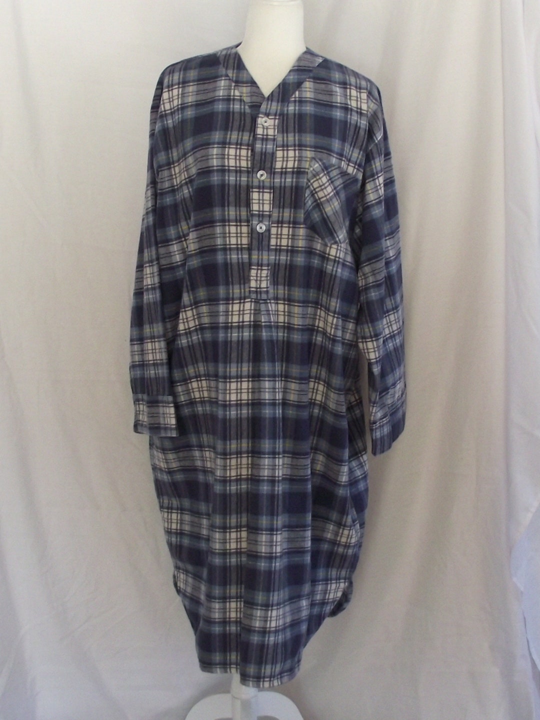 Vermont Country Store Blue White Plaid Cotton Flannel Nightgown Size Lg Shirt Tail Hemline Bodice Pocket Long Sleeve Button Front Pull Over Etsy UK
