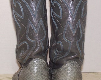 Dan Post Gray Textured Snake Cowboy Boots Aqua Blue Embroidered Shaft Leather Men s Size 12B Country Western Rustic Ranch Barn Wedding Rodeo