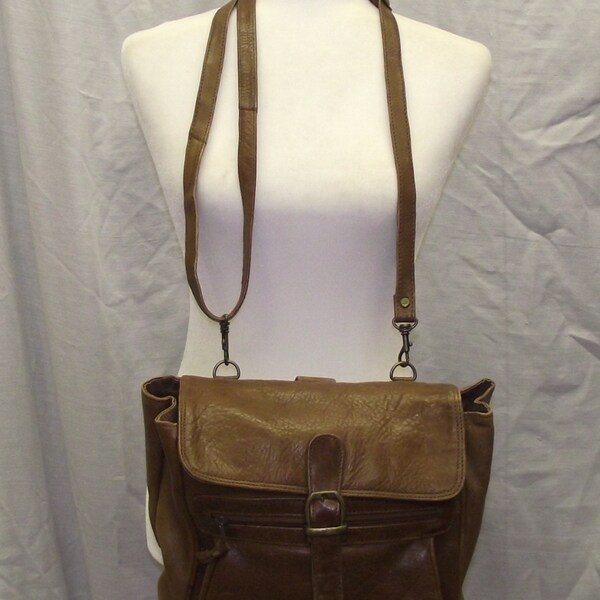 Brown Leather Shoulder/Crossbody/Back Pack Purse Thin Adjustable Strap Cotton Lined Student Messenger Bag Metro Living Avant Garde Classic